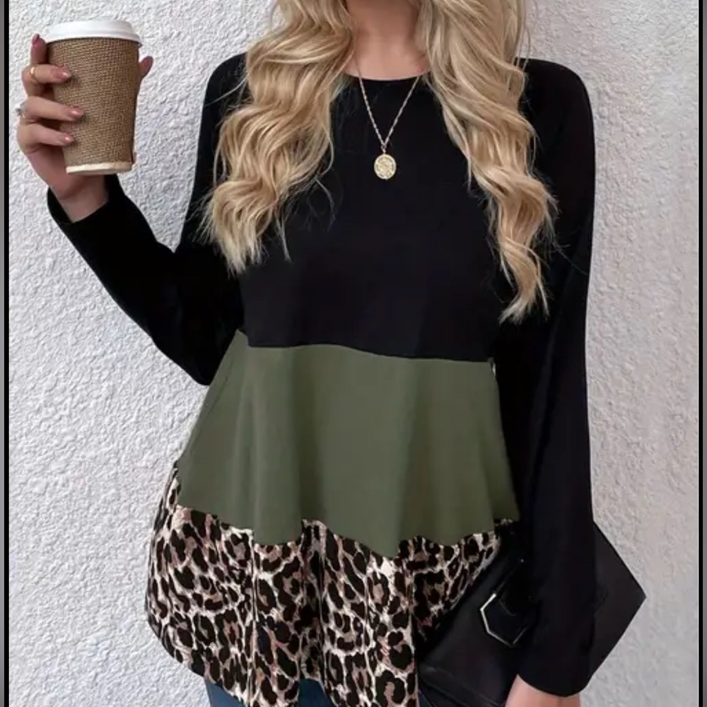 SHEIN Black and Olive Colorblock Leopard Top